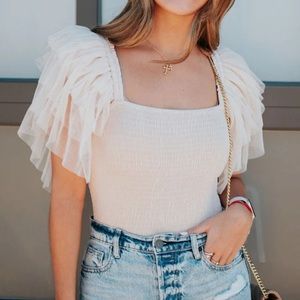 Free People Cream Ruffle Sleeve Bodysuit